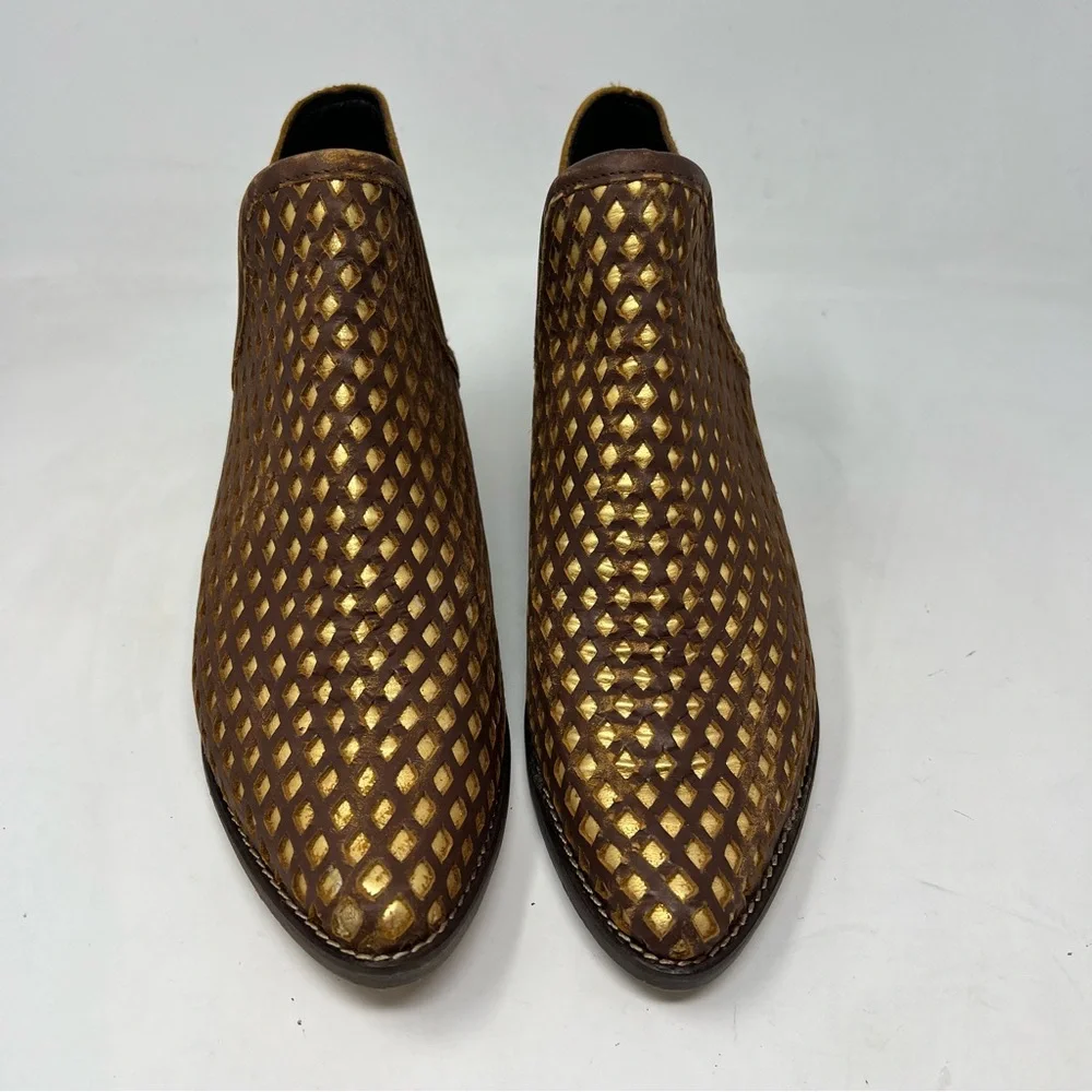 Musse & Cloud Brown Gold Laser Cut Leather Western Booties Size 8 - Picture 2 of 10